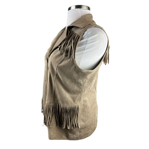 Chico’s Faux Suede Fringe Vest Moto Zip Front Tan Brown Women's Size 2 Large 12 - Picture 8 of 13